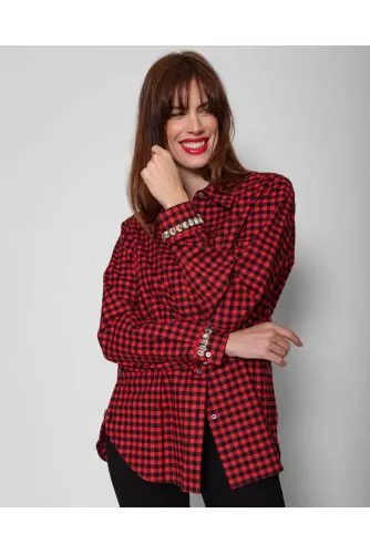 Long-sleeved flannel cotton shirt with square print and rhinestones LS