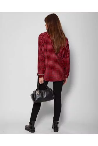Long-sleeved flannel cotton shirt with square print and rhinestones LS
