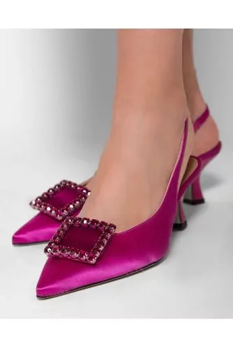 Leather and satin cut shoes with rhinestones buckle 55