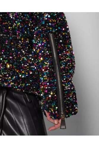Velvet and goose down puffy jacket with sequins