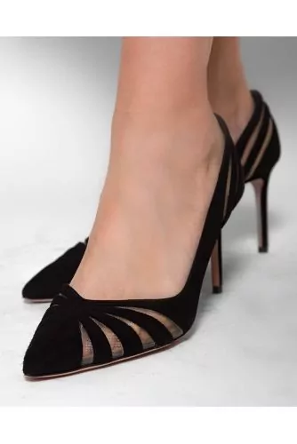 Suede high-heeled shoes with tulle cut-outs and tie-ups 75