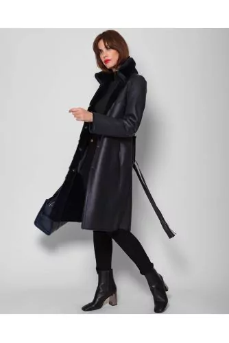 Reversible merinillo coat with leather crochet collar