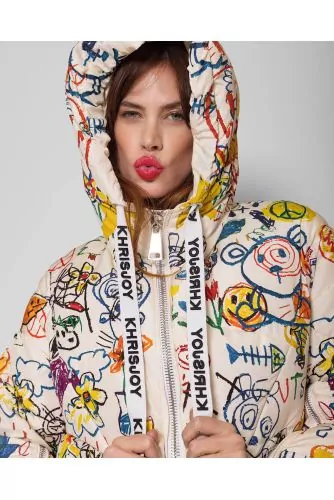 Hooded puffy jacket with graffitis print LS