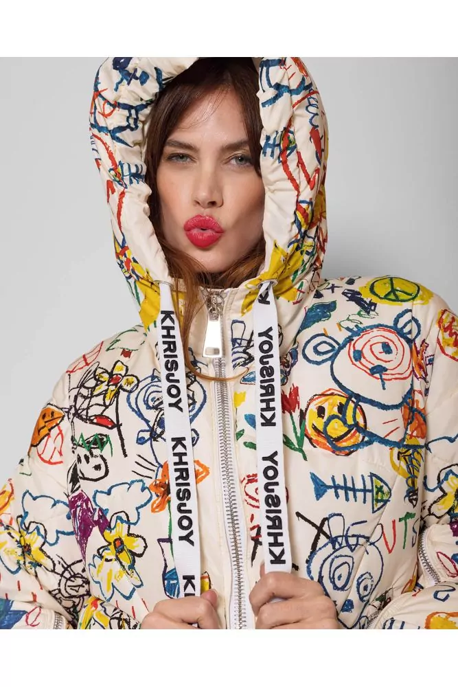 Hooded puffy jacket with graffitis print LS