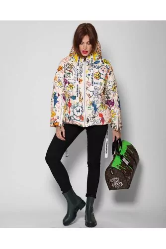Hooded puffy jacket with graffitis print LS