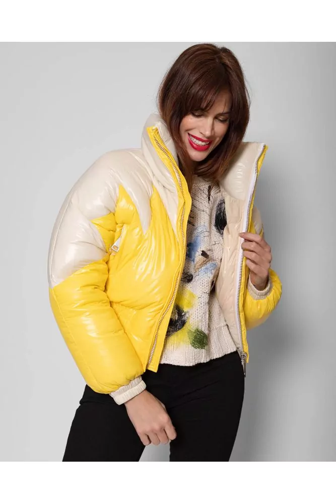 Short two-tone nylon puffy jacket