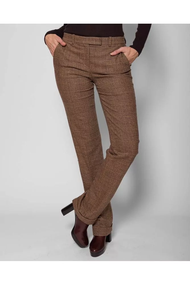 Michael Kors - Brown and beige wool straight cut trousers with Prince de  Galles print for women