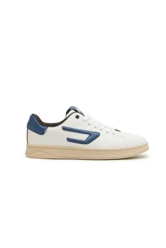 Sneakers Diesel "vintage" veau grainé blanc-bleu avec logo pour homme
