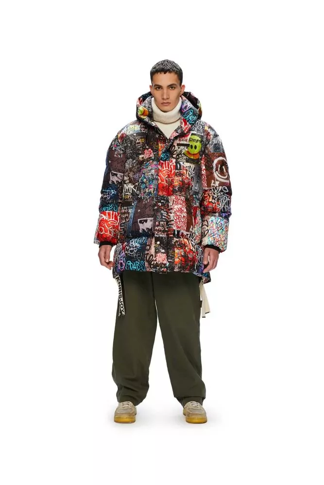 Nylon puffy jacket with graffiti print