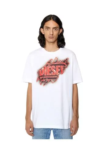 T-shirt Diesel blanc-rouge avec marque apparente brulée pour homme