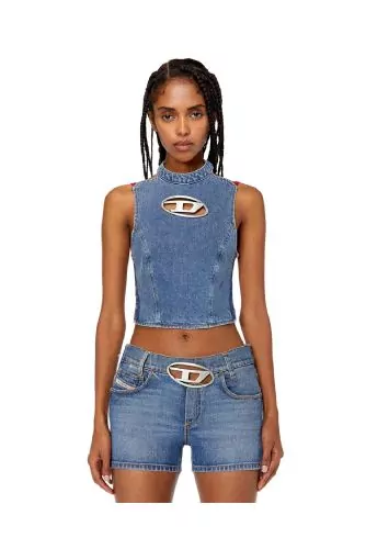 Denim and cotton top with straps and metal logo