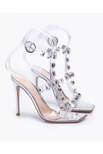 Sandale Gianvito Rossi transparent-argent 3 bandes et gros strass, talon 15 cm