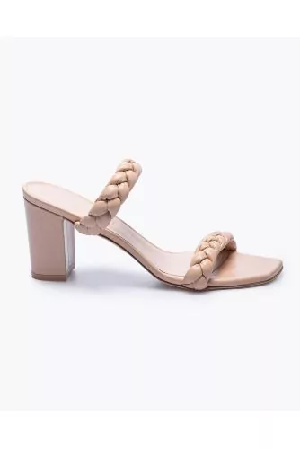 Heeled leather mules with braided bands