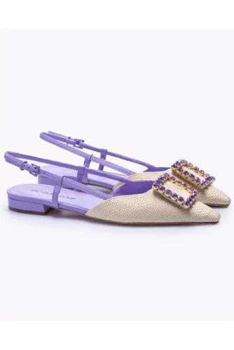 Nappa leather and raffia cut-shoes with rhinestone buckle