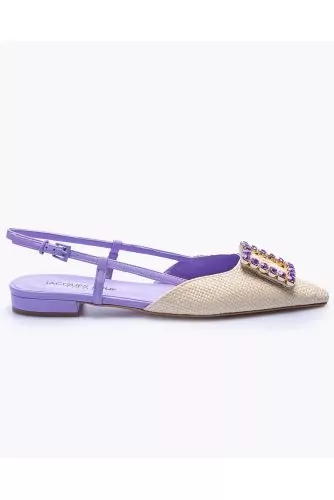 Nappa leather and raffia cut-shoes with rhinestone buckle
