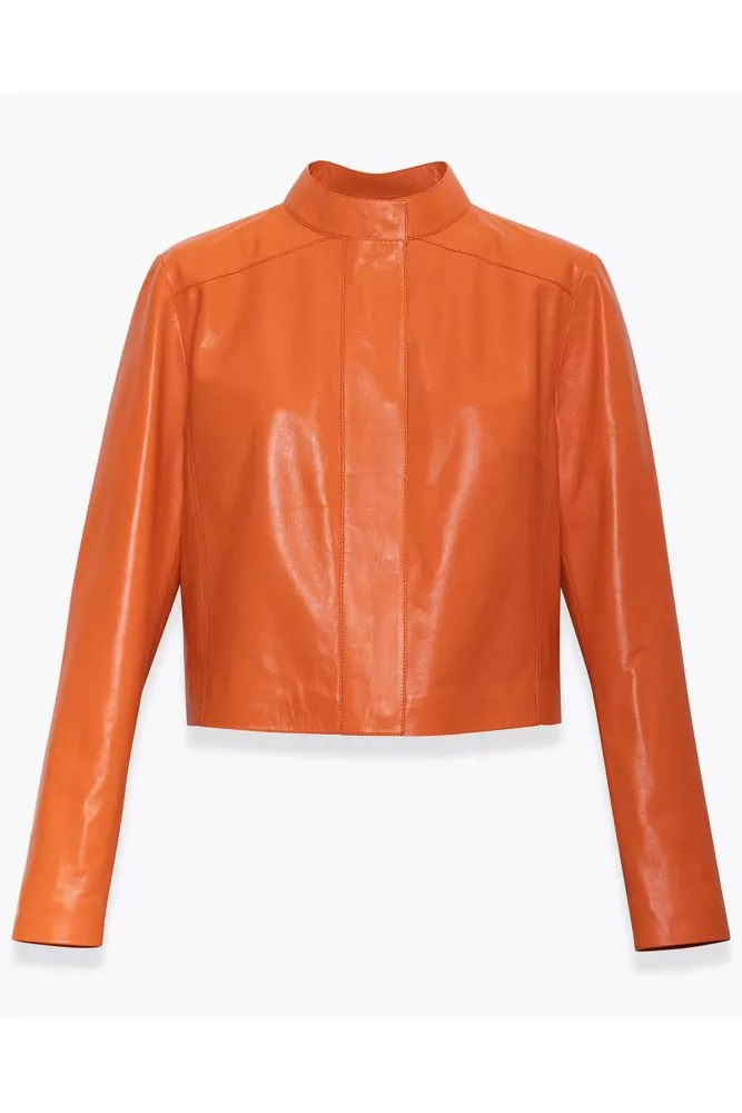 Short leather jacket with high collar LS