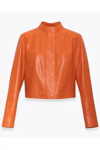 Short leather jacket with high collar LS