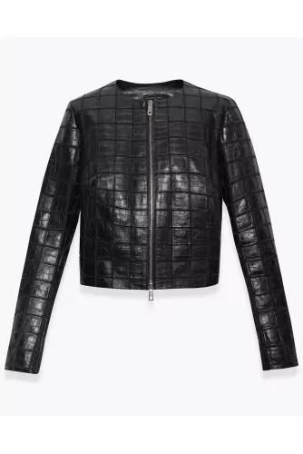Jacket with leather patches on stretch tulle LS
