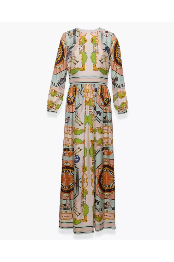 Long silk dress with carousel print LS