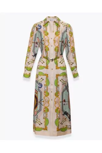 Silk twill shirt dress with carousel print LS