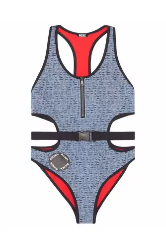 One-piece lycra swimsuit with cut-outs and fabric belt