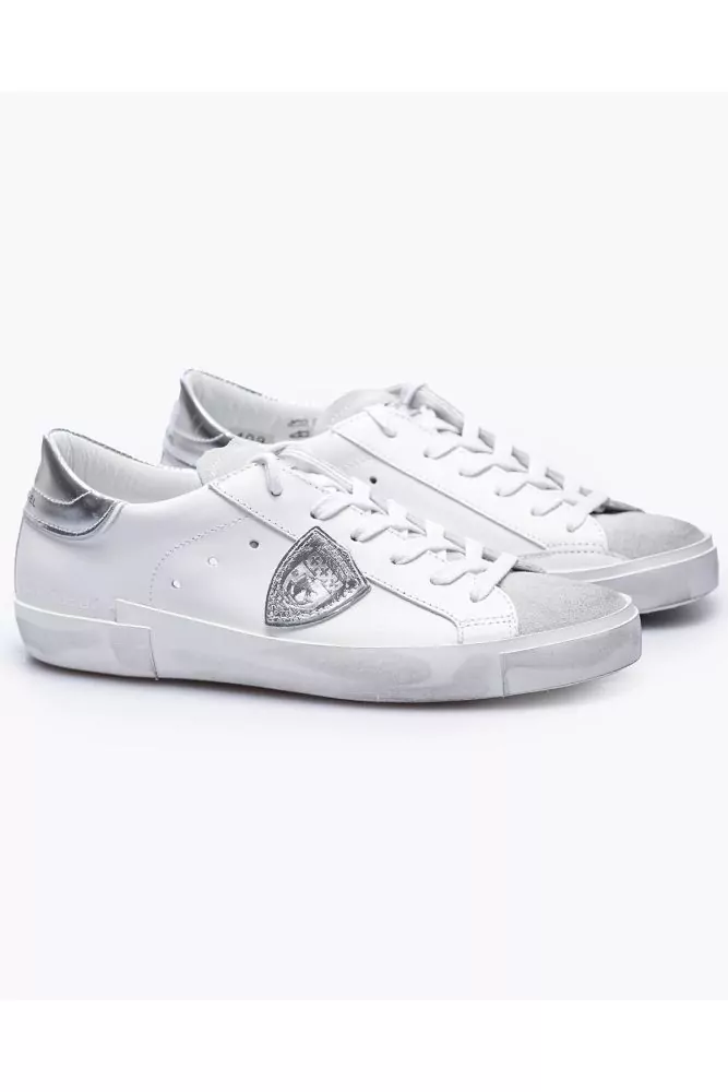 Philippe Model Paris White grey and silver leather sneakers with cut outs for women