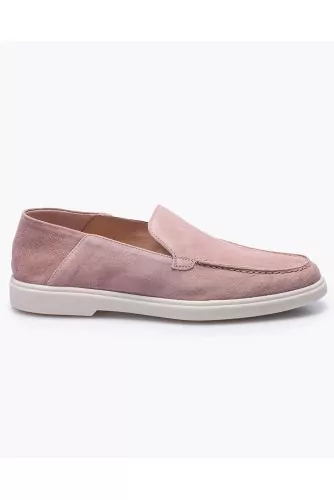 Split leather moccasins with stitched top and smooth upper