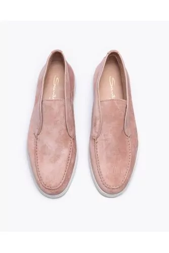 High moccasins in split leather with stitched top