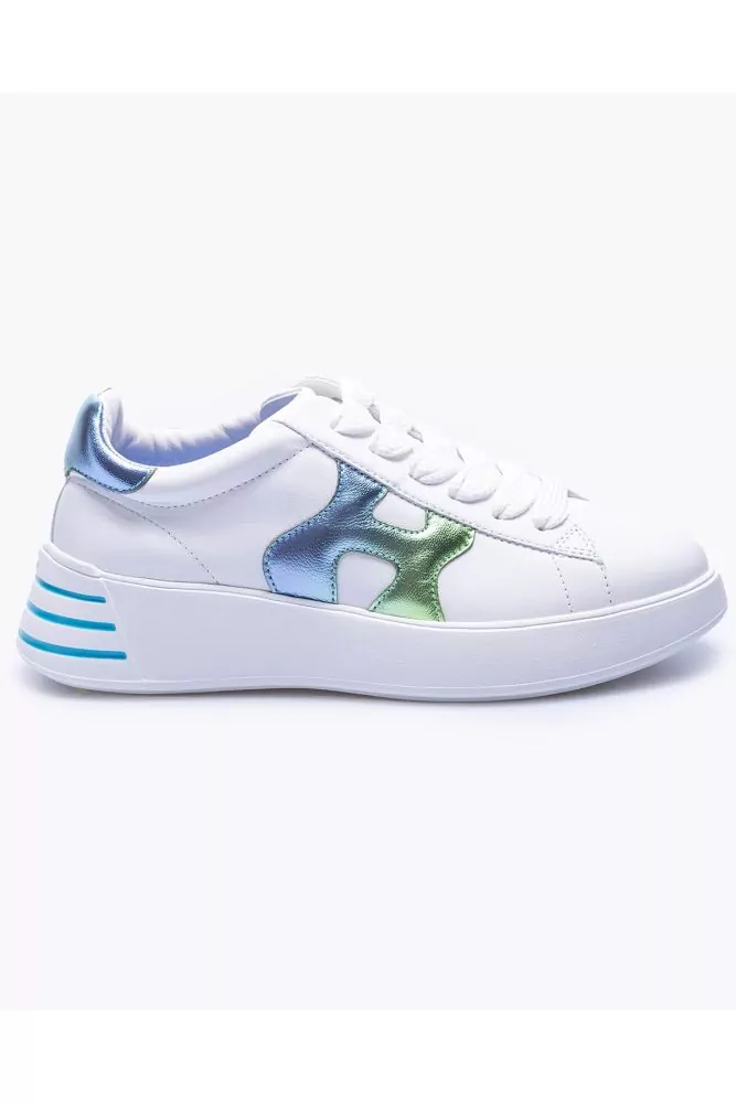 Hogan Rebel H564 White nappa leather sneakers with blue green embossed H logo in gradient for women