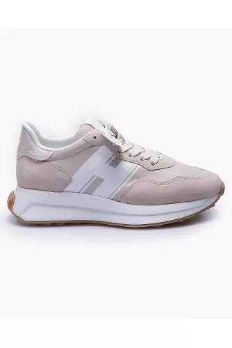 H641 - Split leather and nylon sneakers with cutouts and H on the side