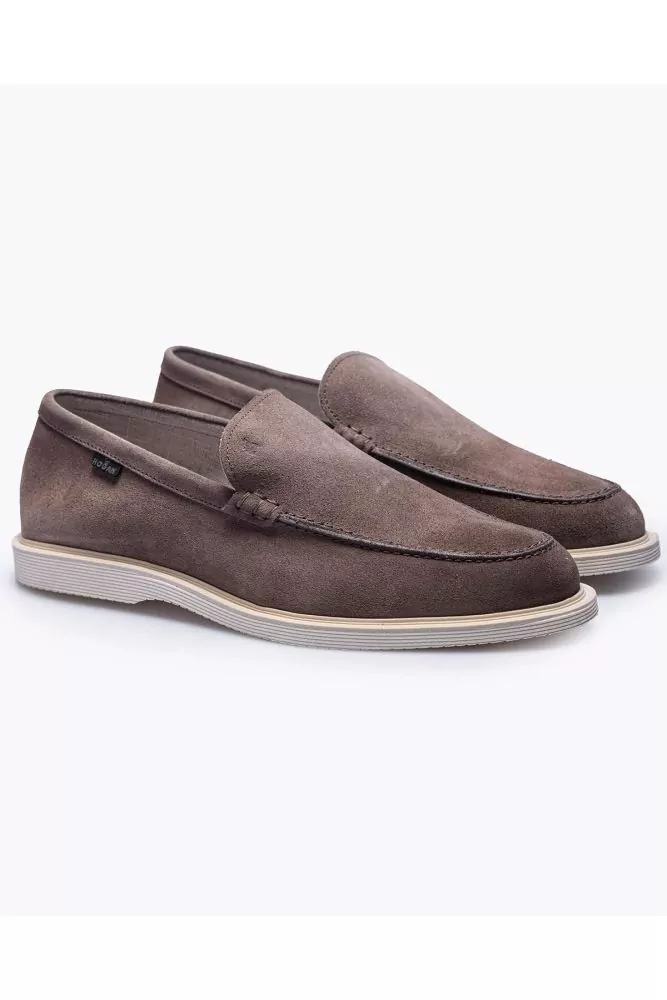 H633 of Hogan Taupe colored split leather moccasins with smooth and stitched upper for men