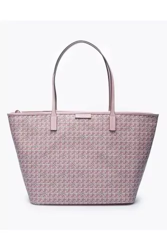 Cabas Tory Burch rose en cuir, toile imprimée cannage