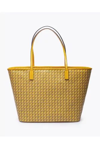 Cabas Tory Burch jaune en cuir, toile imprimée cannage