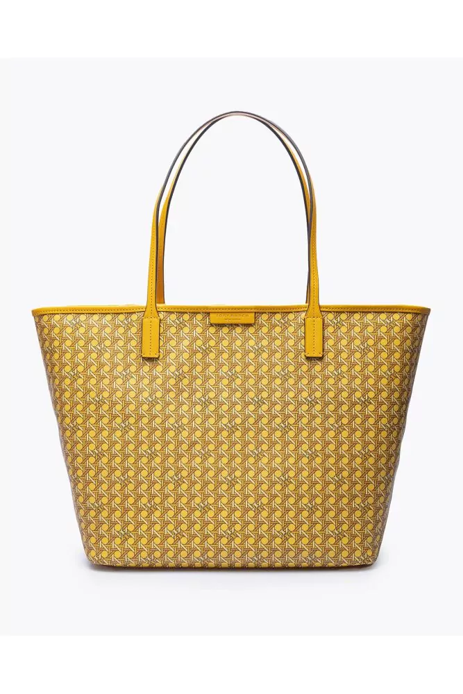 Cabas Tory Burch jaune en cuir, toile imprimée cannage