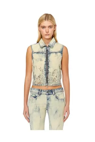Denim sleeveless jacket with zipped collar