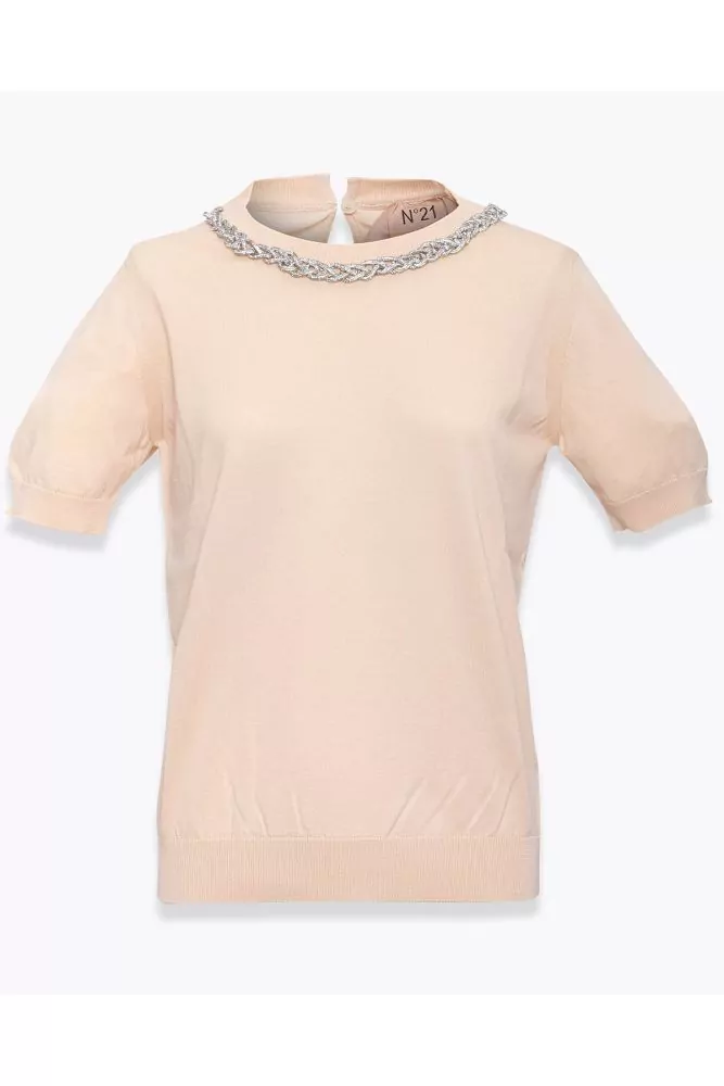 Cotton knit sweater with rhinestone chain neckline SS