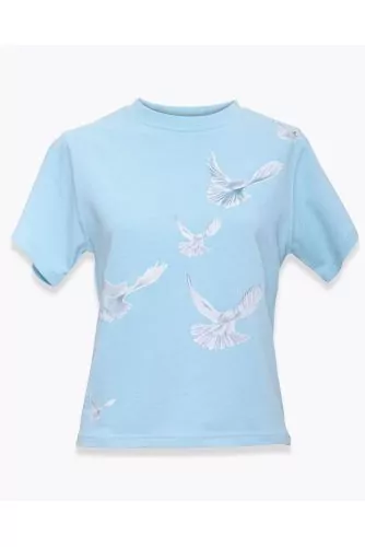 T-shirt 3 Paradis bleu avec imprimé "vol de colombes" pour femme