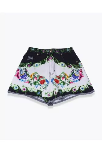 High waist denim shorts with Garden print