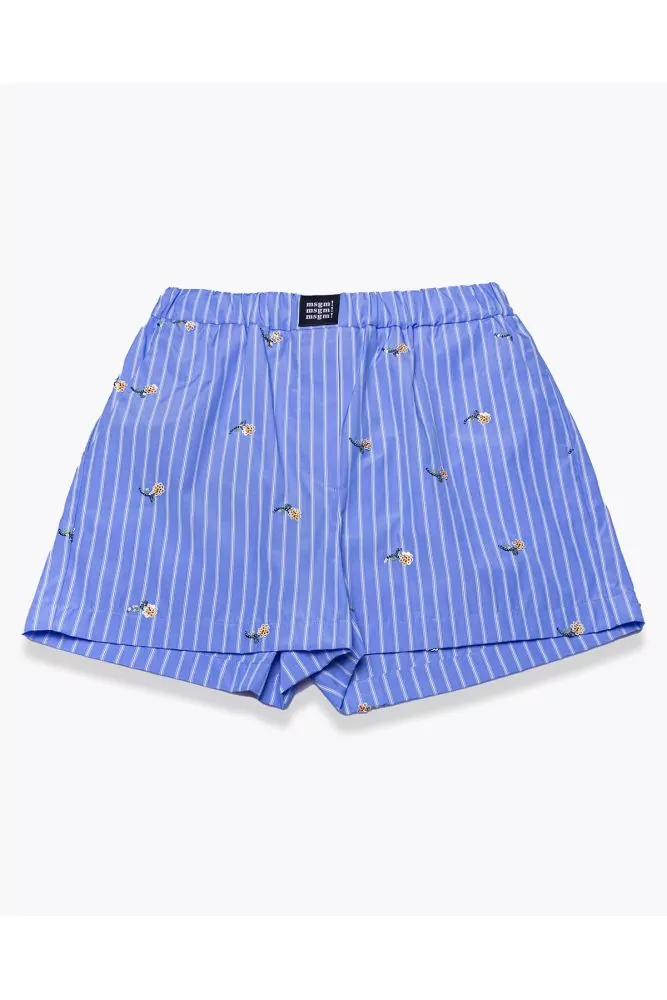 Striped cotton poplin shorts with flower embroidery