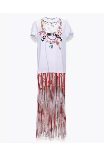 Cotton and polyester T-shirt dress with fringed skirt