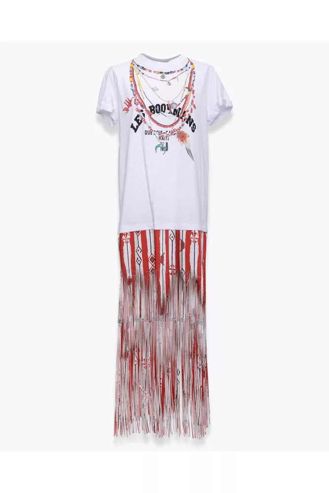 Cotton and polyester T-shirt dress with fringed skirt