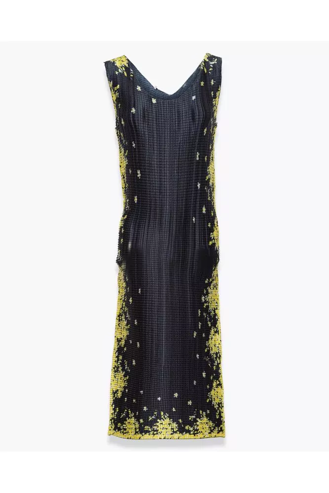 Sleeveless embossed polyester dress with mimosa print