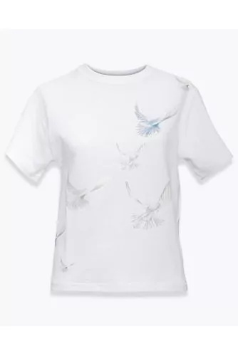 Cotton jersey T-shirt with printed doves flight