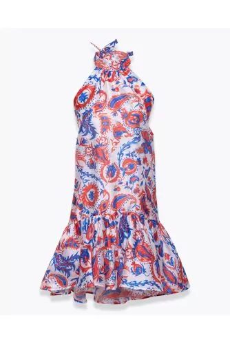 Robe dos nu en polyester avec imprimé perroquets et fleurs
