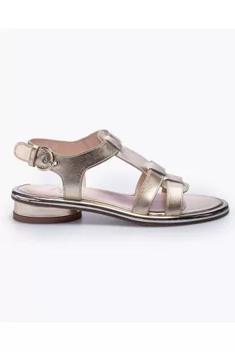 Metallized leather flat sandals with large straps 70