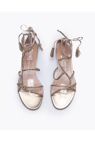 Metallic leather sandals with asymmetrical braided straps