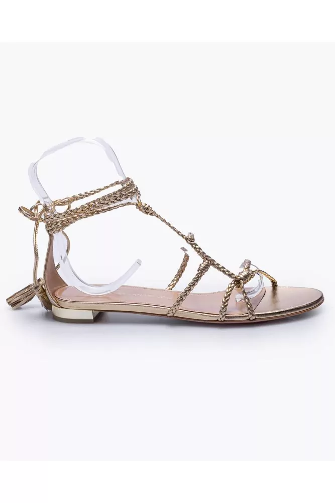 Sandale Aquazzura gold, brides tressées, asymétriques, talon 85