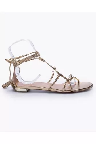 Metallic leather sandals with asymmetrical braided straps