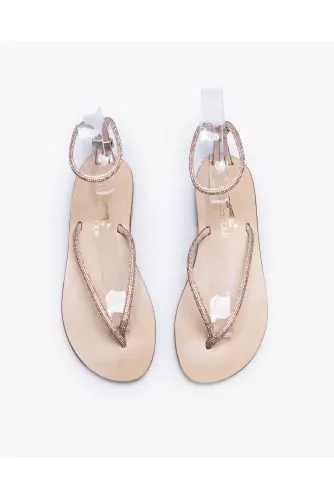 Suede flat toe-thong sandals with rhinestones