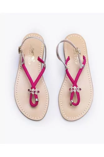 Flat rope and leather toe-thong sandals with rhinestones